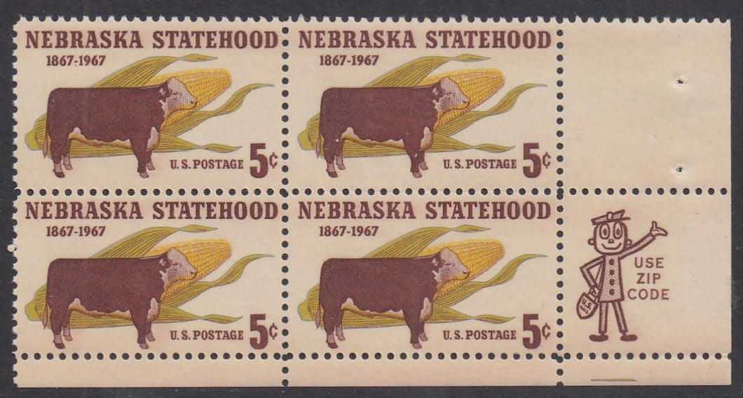 # 1328 (1967) Nebraska - Mr. Zip, BK/4, LR, MNH