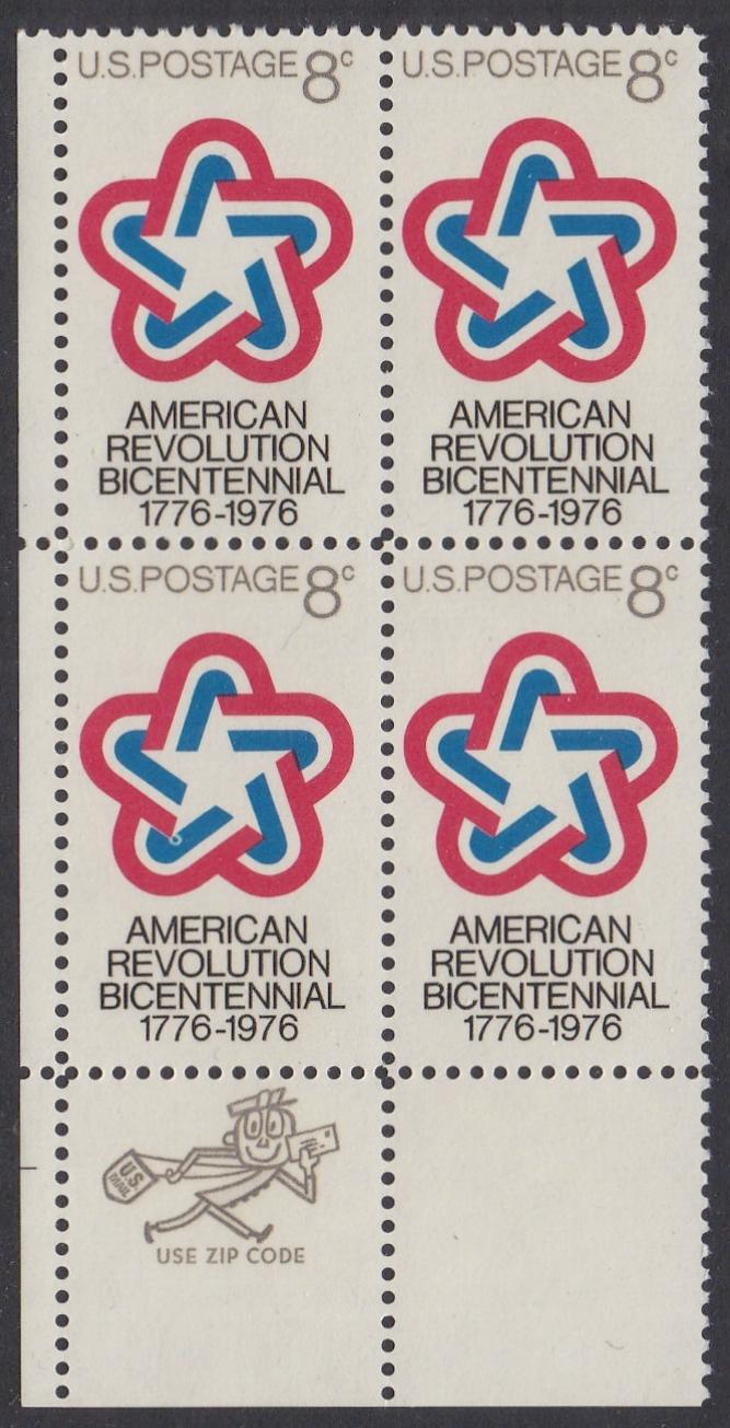 # 1432 (1971) American Bicentennial - Mr. Zip, BK/4, LL, MNH