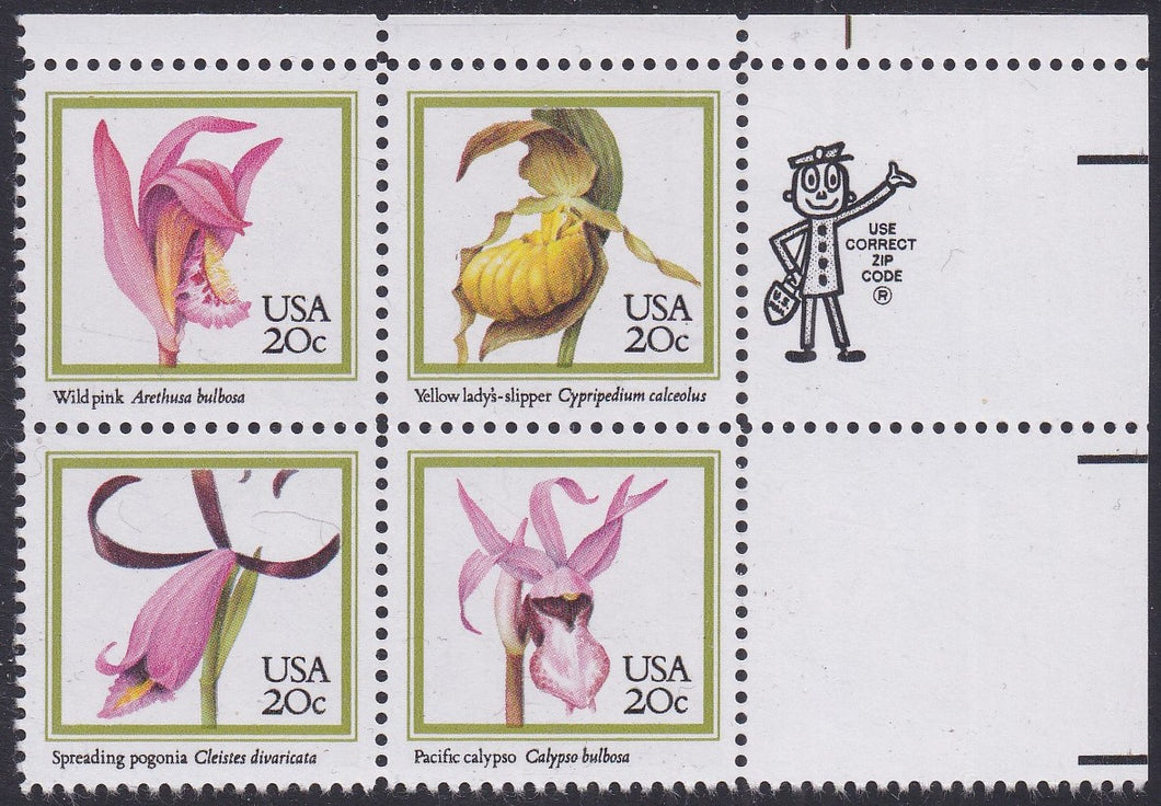 # 2076-79 (1984) Orchids - Mr. Zip, BK/4, UR, MNH