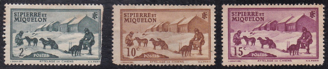 St Pierre & Miquelon # 172, 76, 77 (1938) Dog Sled - Sgls, Set/3, MNG