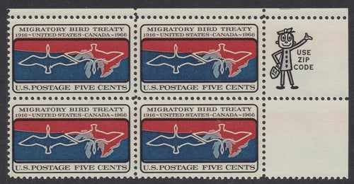 # 1306 (1966) Migratory Birds - Mr. Zip BK/4, UR, XF MNH