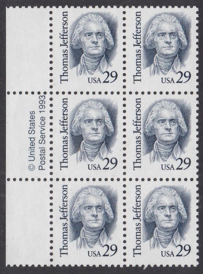 # 2185 (1993) Jefferson, Indigo, SP tag, LGG, perf 11.5 x 11 - Copy BK/6, L, MNH