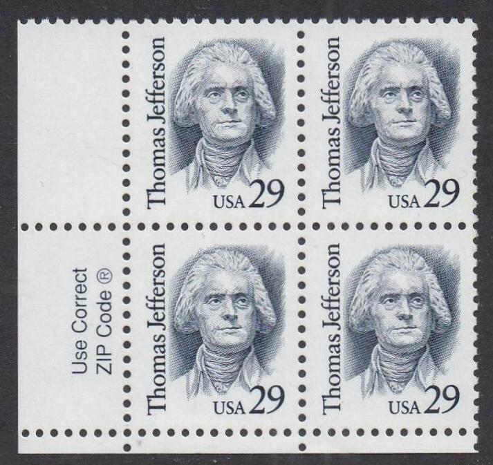 # 2185 (1993) Jefferson, Indigo, SP tag, LGG, perf 11.5 x 11 - Zip BK/4, LL, XF MNH