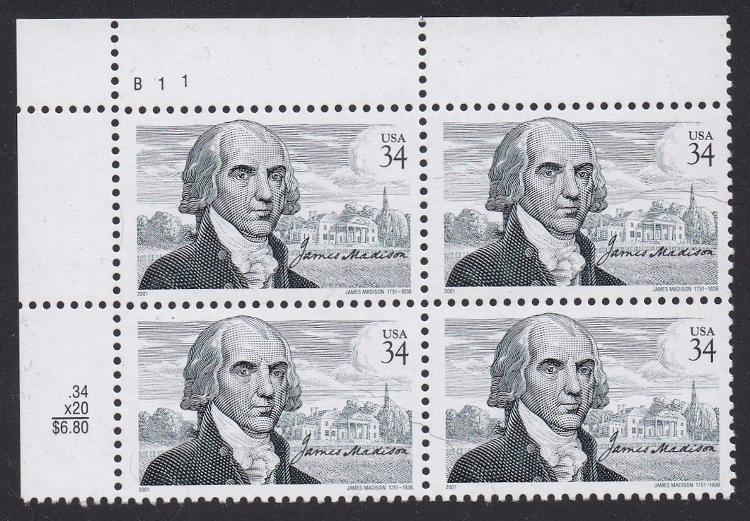 # 3545 (2001) James Madison - PB, UL #B11, MNH
