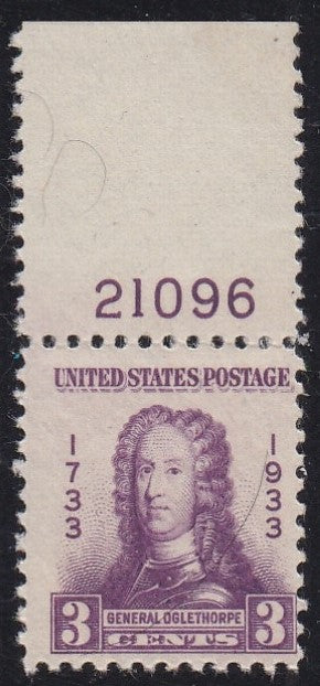 # 726 (1933) Gen. Oglethorpe - Plt sgl, T #21096, Fine MNH