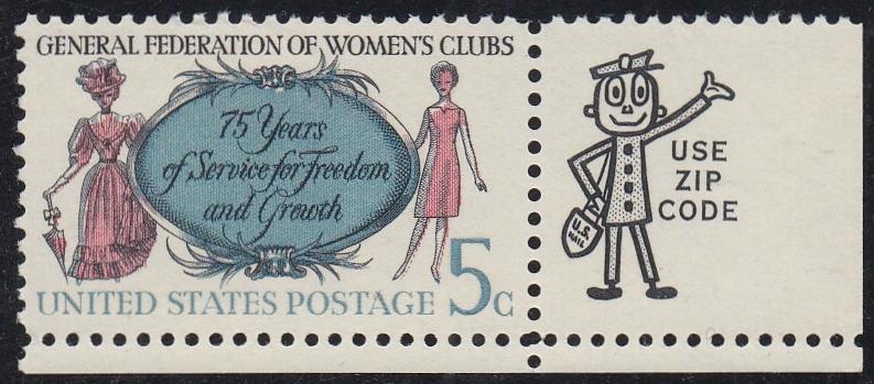 # 1316 (1966) Womens Clubs, Not tagged - Mr. Zip sgl, LR, MNH
