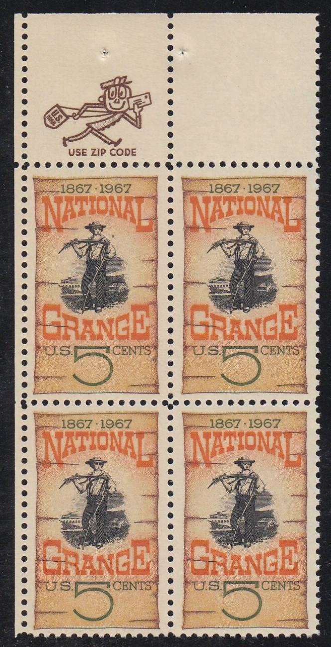 # 1323 (1967) National Grange - Mr. Zip, BK/4, UR, XF MNH