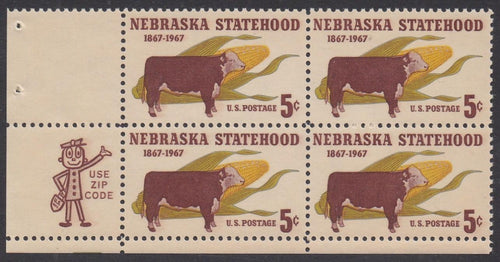 # 1328 (1967) Nebraska - Mr. Zip, BK/4, LL, MNH