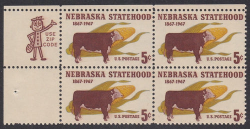# 1328 (1967) Nebraska - Mr. Zip, BK/4, UL, MNH