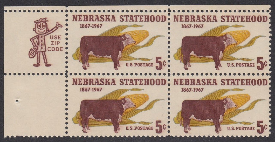 # 1328 (1967) Nebraska - Mr. Zip, BK/4, UL, MNH
