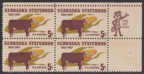 # 1328 (1967) Nebraska - Mr. Zip, BK/4, UR, MNH