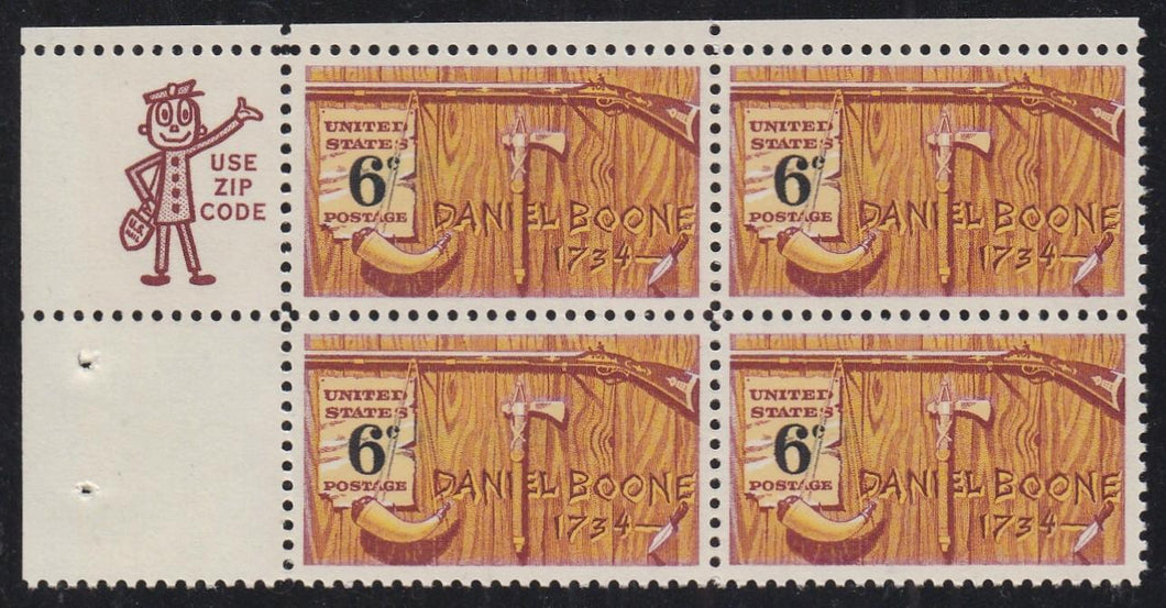 # 1357 (1968) Boone - Mr. Zip, BK/4, UL, XF MNH
