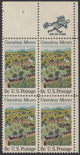 # 1370 (1969) Grandma Moses - Mr. Zip, BK/4, UR, XF MNH