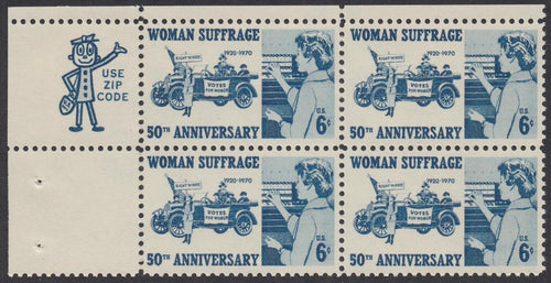 # 1406 (1970) Woman Suffrage - Mr. Zip, BK/4, UL, XF MNH