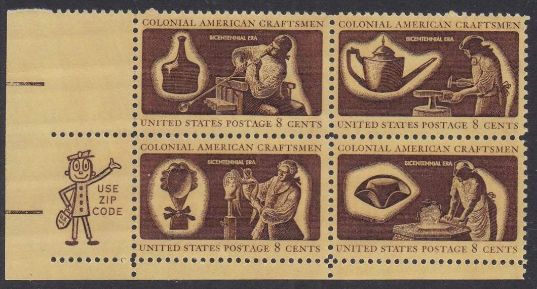 # 1456-59 (1972) Colonial Craftsmen - Mr. Zip, BK/4, LL MNH