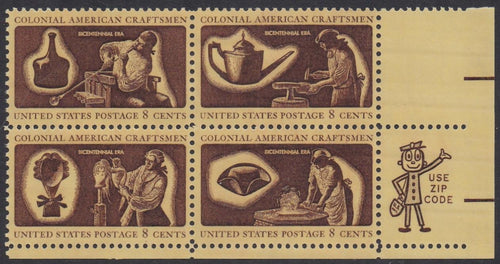 # 1456-59 (1972) Colonial Craftsmen - Mr. Zip, BK/4, LR MNH