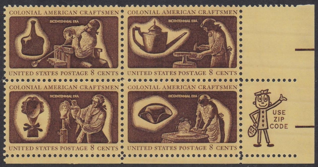 # 1456-59 (1972) Colonial Craftsmen - Mr. Zip, BK/4, LR MNH