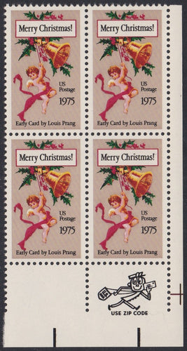 # 1580 (1975) Angel and Bell, Perf 11.2 x 11.2 - Mr. Zip, BK/4, LR, XF MNH