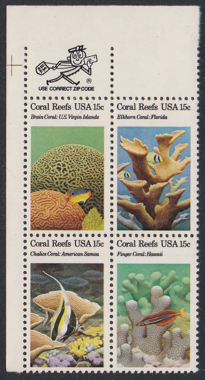 # 1827-30 (1980) Coral Reefs - Mr. Zip, BK/4, UL, MNH