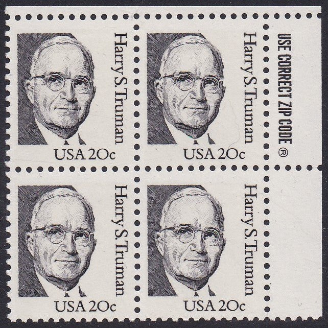 # 1862a (1984) Truman, LB tag, DG, perf 11.2 - Zip BK/4, UR, MNH