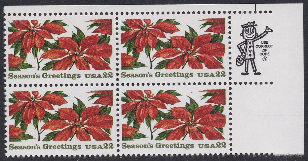 # 2166 (1985) Poinsettia - Mr. Zip, BK/4, UR, MNH