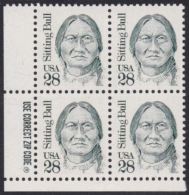 # 2183 (1989) Sitting Bull, Myrtle Green, LB tag, DG, perf 11 - Zip BK/4, LL, MNH