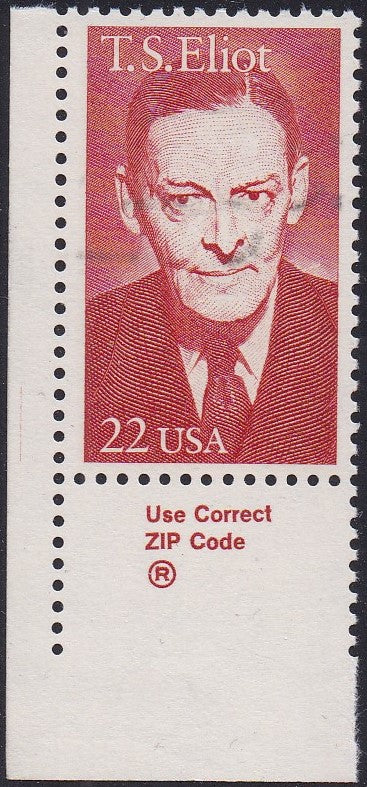 # 2239 (1986) TS Eliot - Zip, Sgl, LL, MNH