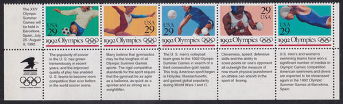 # 2637-41 (1992) Olympics - Strip/5, w Labels, MNH