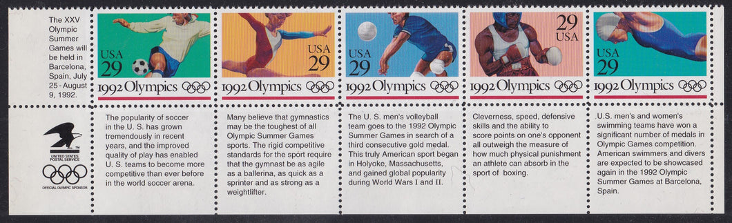 # 2637-41 (1992) Olympics - Strip/5, w Labels, MNH