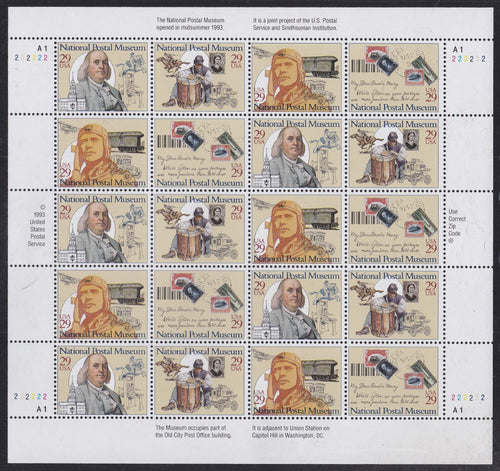 # 2779-82 (1993) Postal Museum - Pane, #A1-222232, MNH