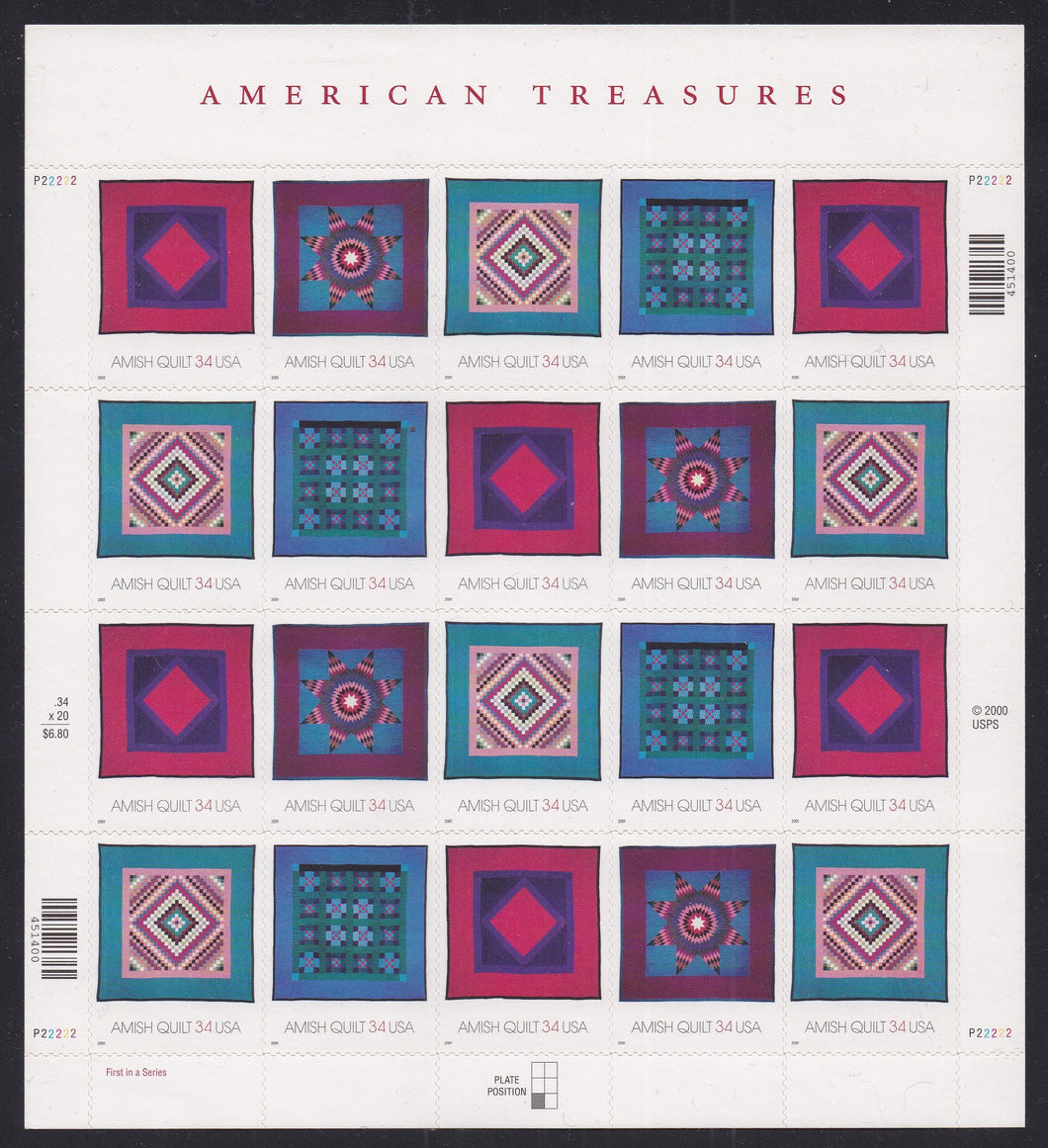 # 3524-27 (2001) Amish Quilts - Pane, #P22222, MNH