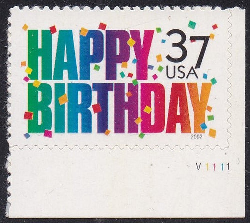 # 3695 (2002) Happy Birthday - Plt sgl, LR #V1111, MNH