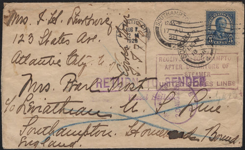 # 637 (1928) Cover to England - Envelope, Returned