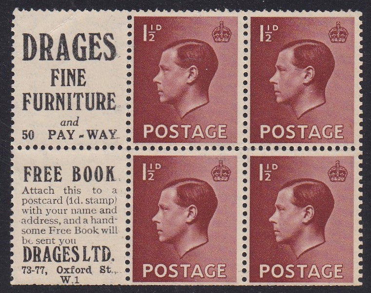Great Britain # 237c (1937) King George VI - Bklt pane, MNH, perf seps
