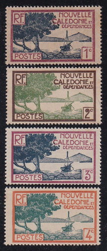 New Caledonia # 136-38 (1928) Boat in Cove - Sgls, Set/4, MH