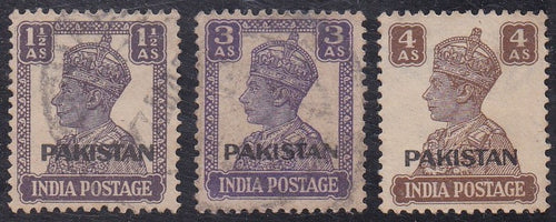 Pakistan # 5, 7, 9 (1947) Overprints - Sgls, Set/3, Used