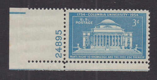 # 1029 (1954) Columbia University - Plt sgl, LL #24895, MNH