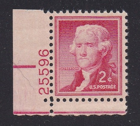 # 1033 (1954) Jefferson, Dry - Plt sgl, LL #25596, MNH [1]