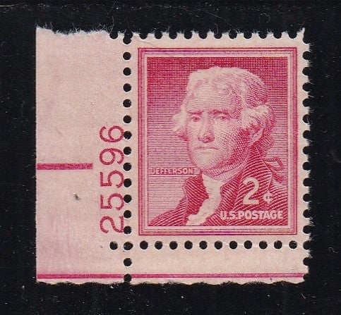 # 1033 (1954) Jefferson, Dry - Plt sgl, LL #25596, MNH [2]