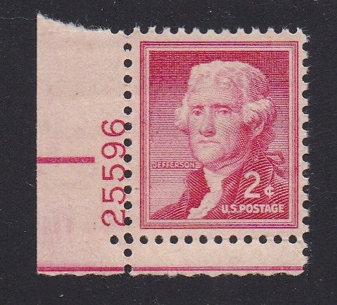 # 1033 (1954) Jefferson, Dry - Plt sgl, LL #25596, MNH [3]