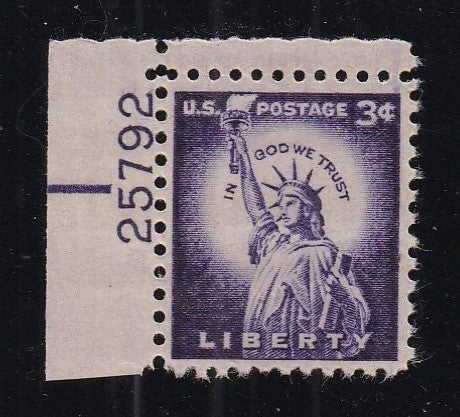 # 1035c (1954) Statue of Liberty, Dry - Plt sgl, UL #25792, MNH