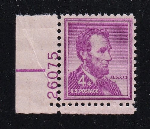 # 1036a (1954) Lincoln, Dry - Plt sgl, LL #26075, MNH
