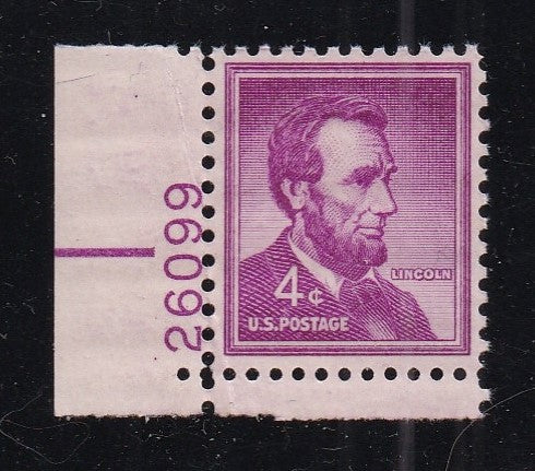 # 1036a (1954) Lincoln, Dry - Plt sgl, LL #26099, MNH