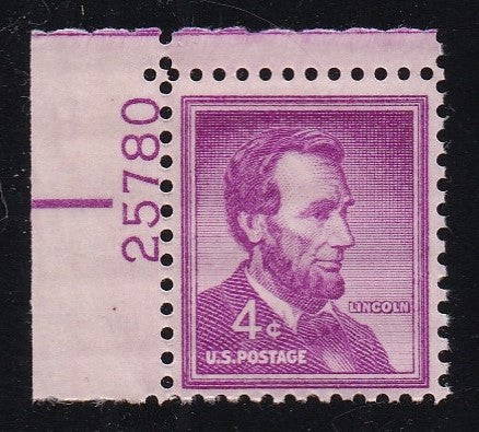 # 1036a (1954) Lincoln, Dry - Plt sgl, UL #25780, MNH