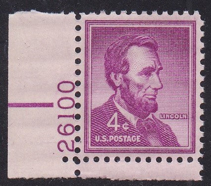 # 1036a (1954) Lincoln, Dry - Plt sgl, LL #26100, MNH [4]