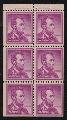 # 1036b (1958) Lincoln - Bklt pane, F MNH