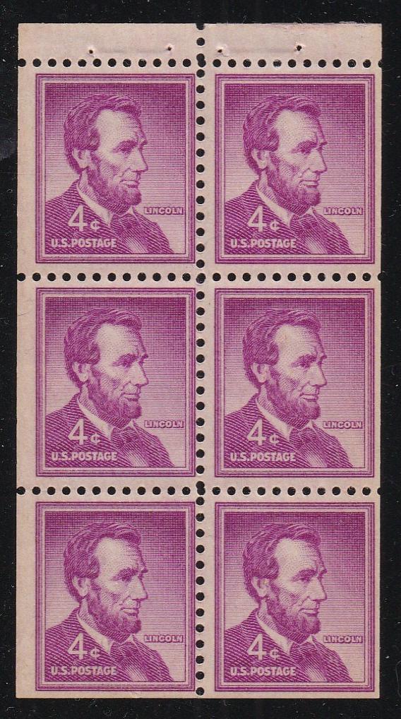 # 1036b (1958) Lincoln - Bklt pane, F MNH