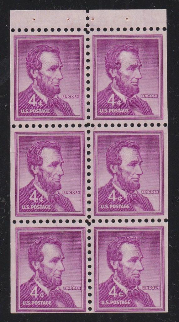 # 1036b (1958) Lincoln - Bklt pane, VF/XF MNH
