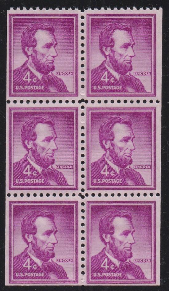 # 1036b (1958) Lincoln - Bklt pane, No Tab, VF/XF MNH