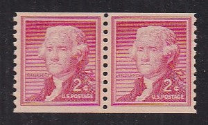 # 1055a (1957) Jefferson, Dry Print, Lg Holes - Coil pr, MNH